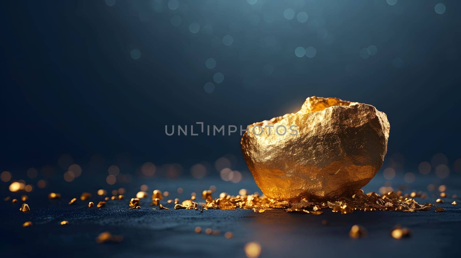 A golden nugget rests on a table, shimmering in the light, with gold dust scattered around. The scene evokes a sense of luxury and opulence