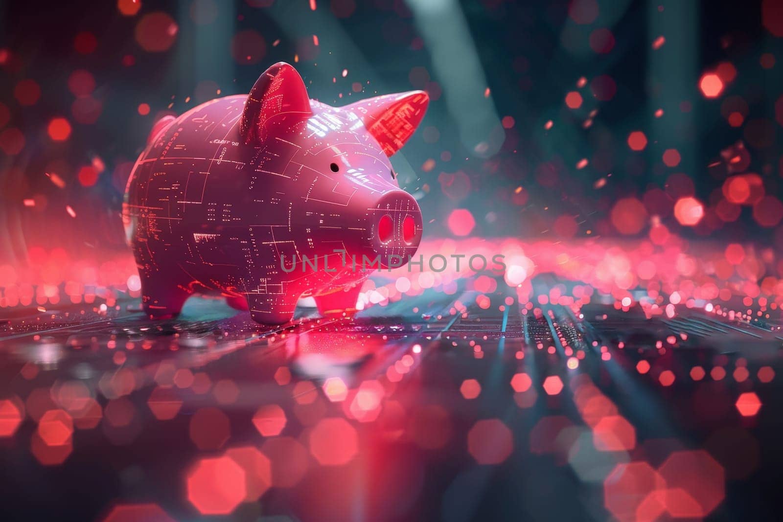 Digital illustration of a futuristic piggy bank with a holographic glow generative ai by matamnad