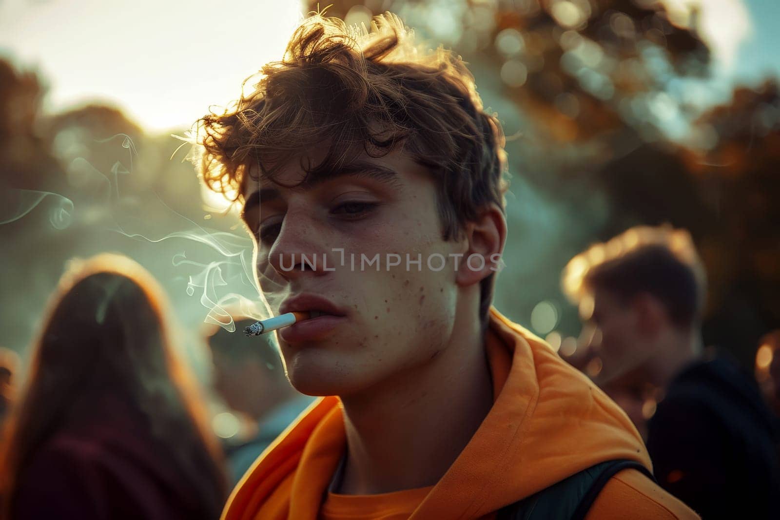 a young man smoking a cigarette .Quit smoking concept. World no tobacco day. lung cancer. Generative AI..