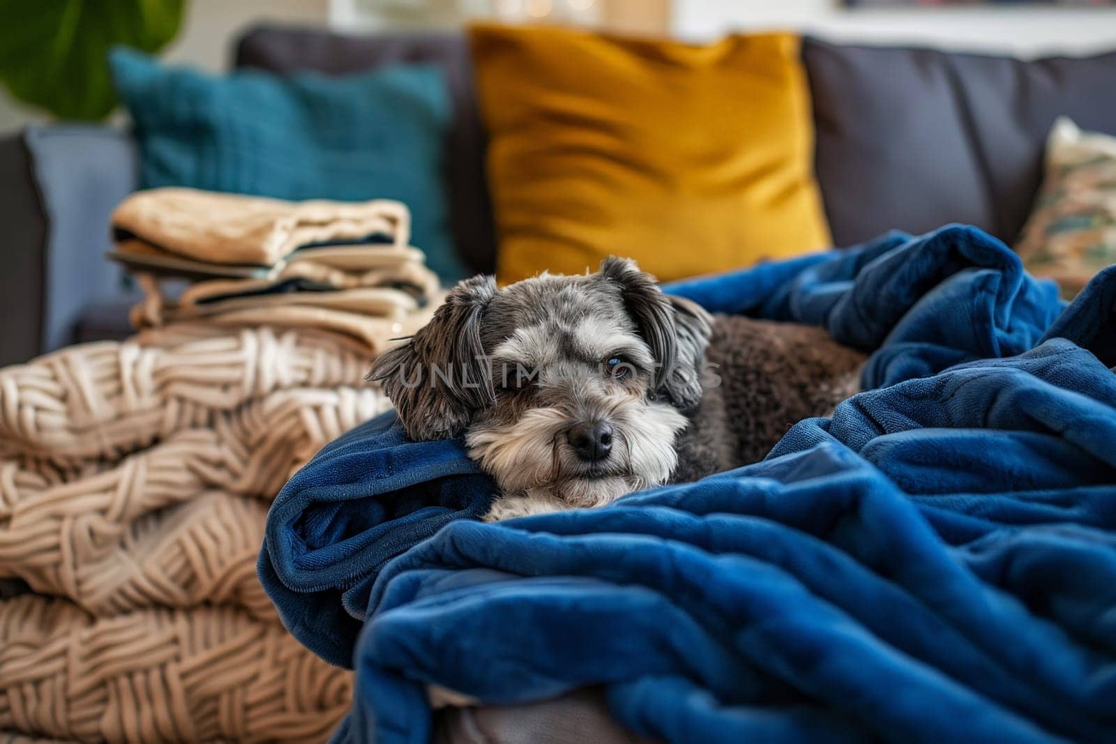a dog sleep and curled up on a plush, royal blue blanket in living room. AI generative by matamnad