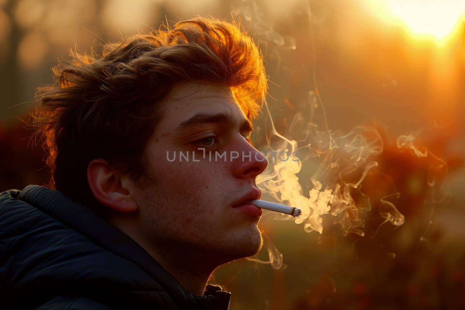 a young man smoking a cigarette .Quit smoking concept. World no tobacco day. lung cancer. Generative AI..