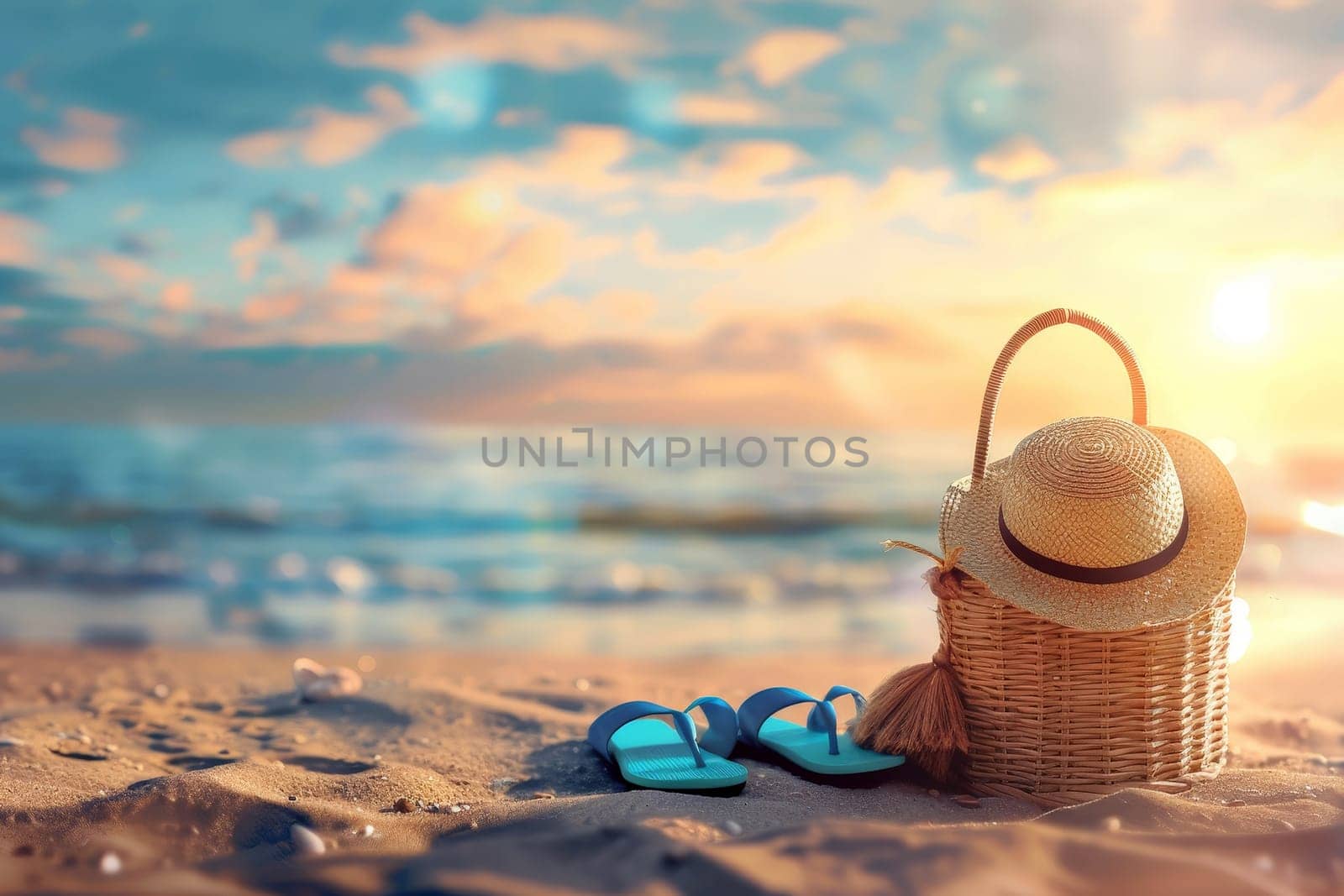 Sunny tropical beach with turquoise water, summer holidays vacation background, accessories on the beach. Generative AI. by matamnad