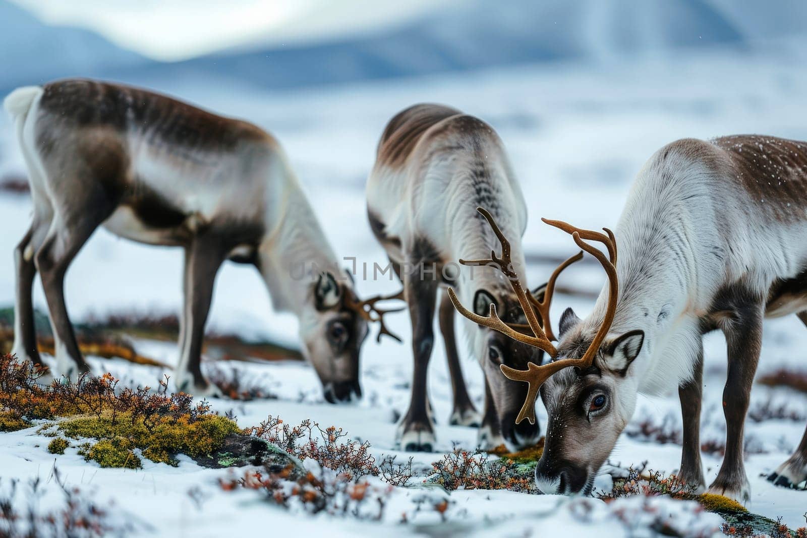 Reindeers eat moss lichen among snow landscape. ai generative.