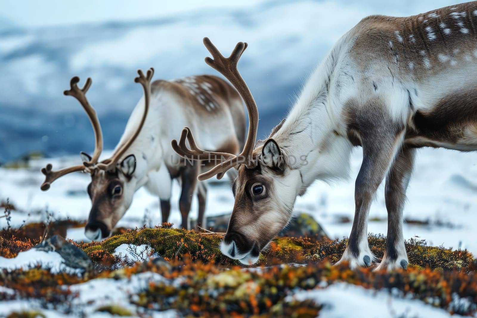 Reindeers eat moss lichen among snow landscape. ai generative.