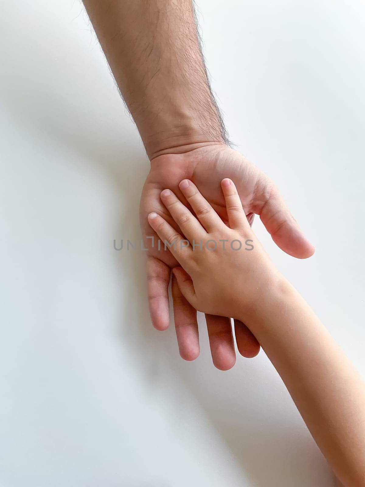 Adult and child hold their hands together. Fathers Day. A child gives a hand to an adult. Postcard concept