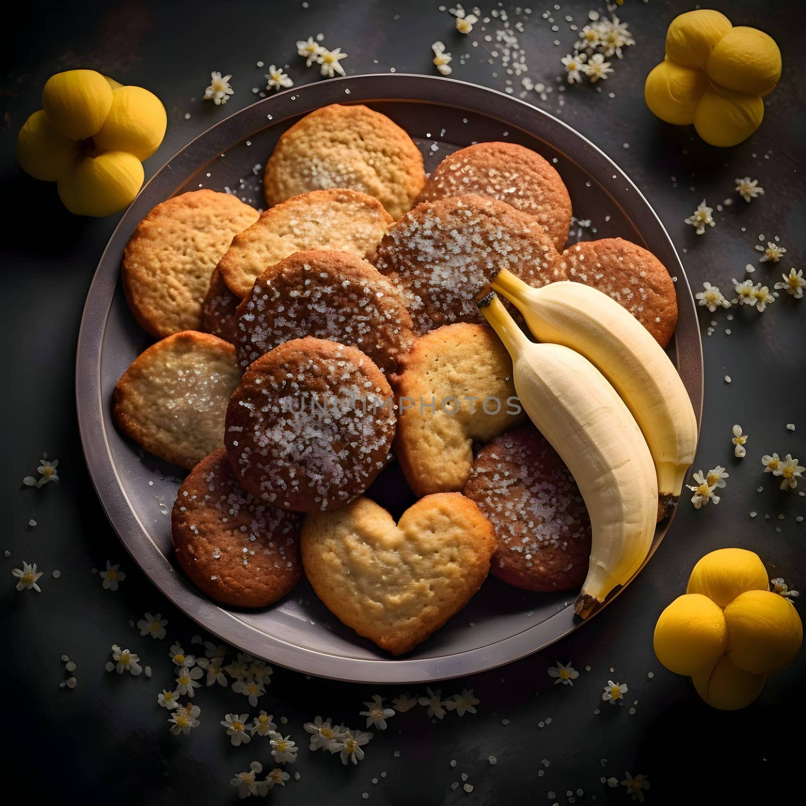 A plate features heart and circle-shaped cookies dusted with sugar, accompanied by mini bananas, creating a charming and delightful dessert arrangement.
