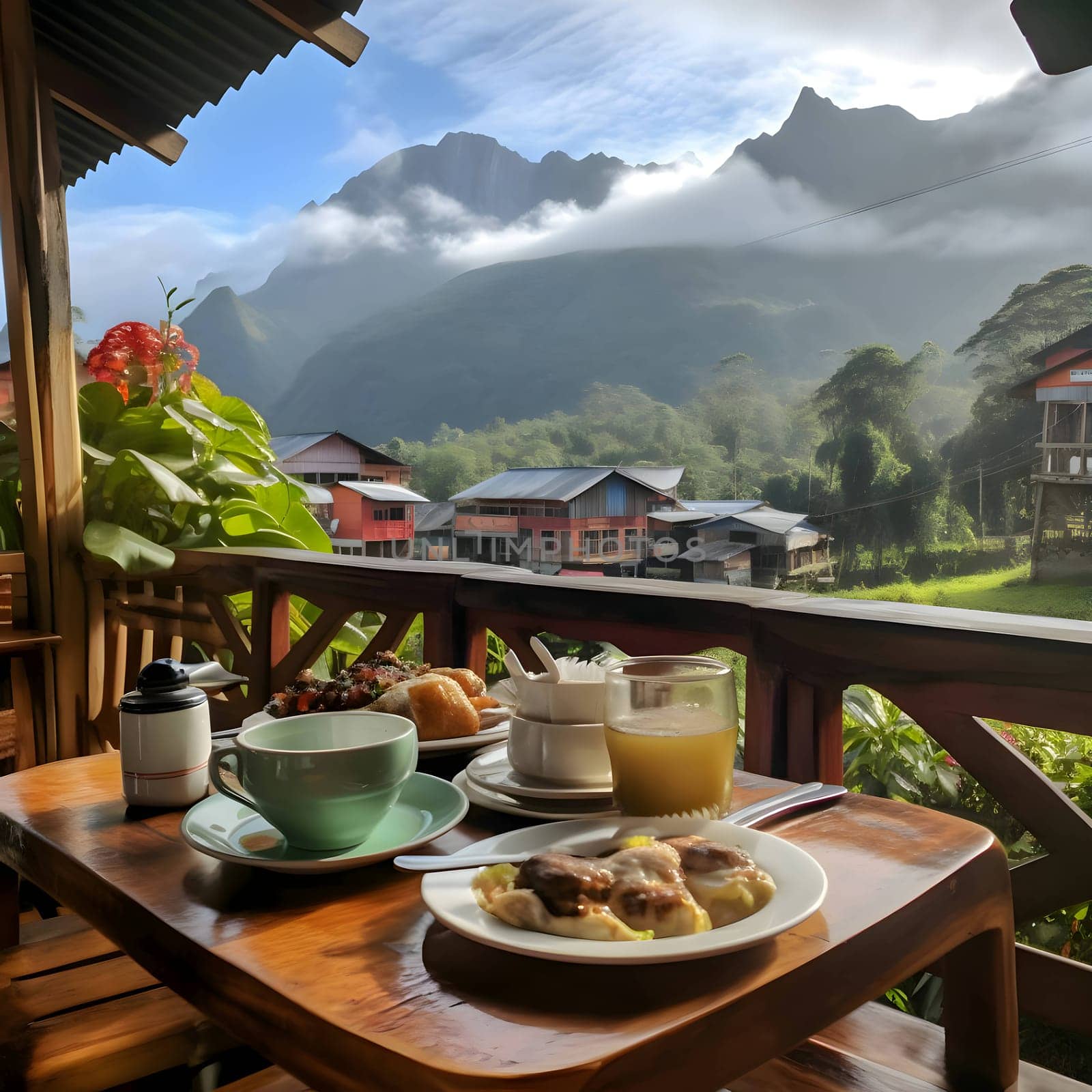 A table displays elegantly arranged dishes against a backdrop of majestic mountain ranges visible through the window, creating a stunning dining experience.