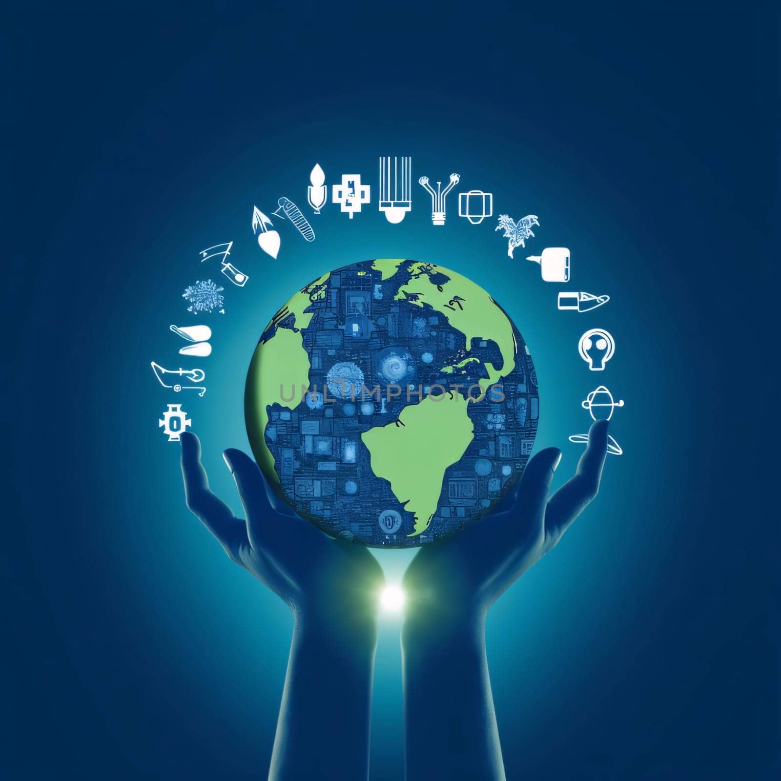 Earth Day: Close up of human hands holding Earth planet with icons. Elements of this image are furnished by NASA