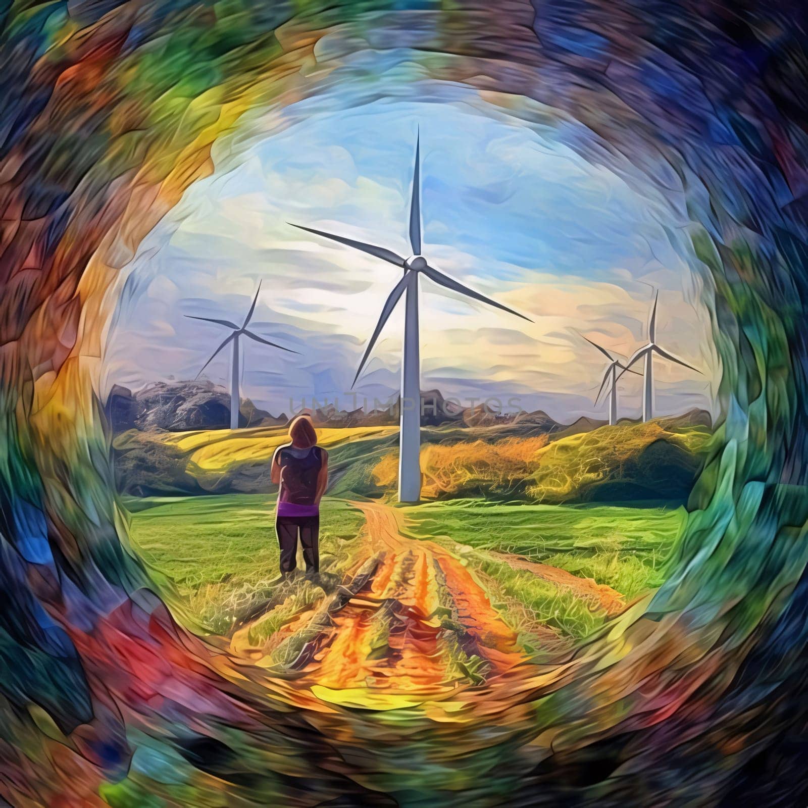 Earth Day: Digital painting of a woman standing in the middle of a field with wind turbines