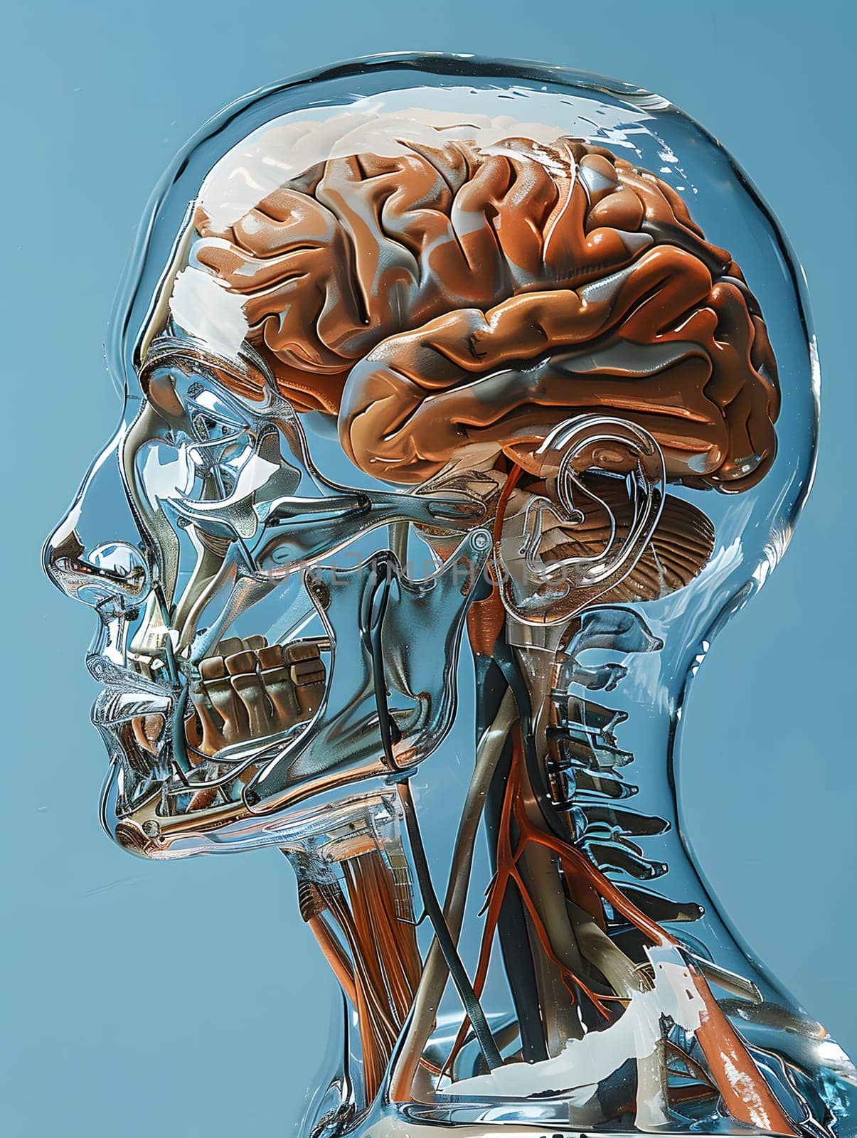 A glass head displaying human anatomy with a brain, muscles, eyes, jaw, and neck. The intricate design includes details like hair, arms, and sleeves