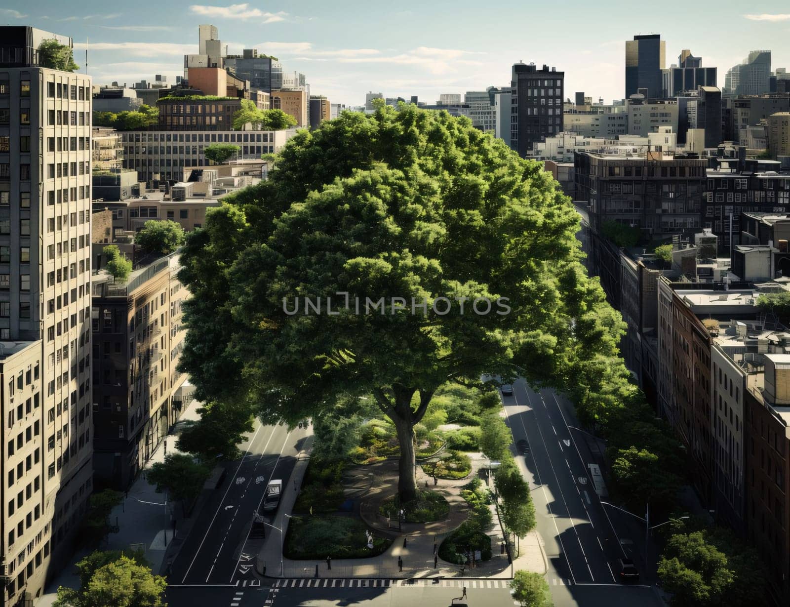 Aerial view of a green tree in the middle of a city by ThemesS