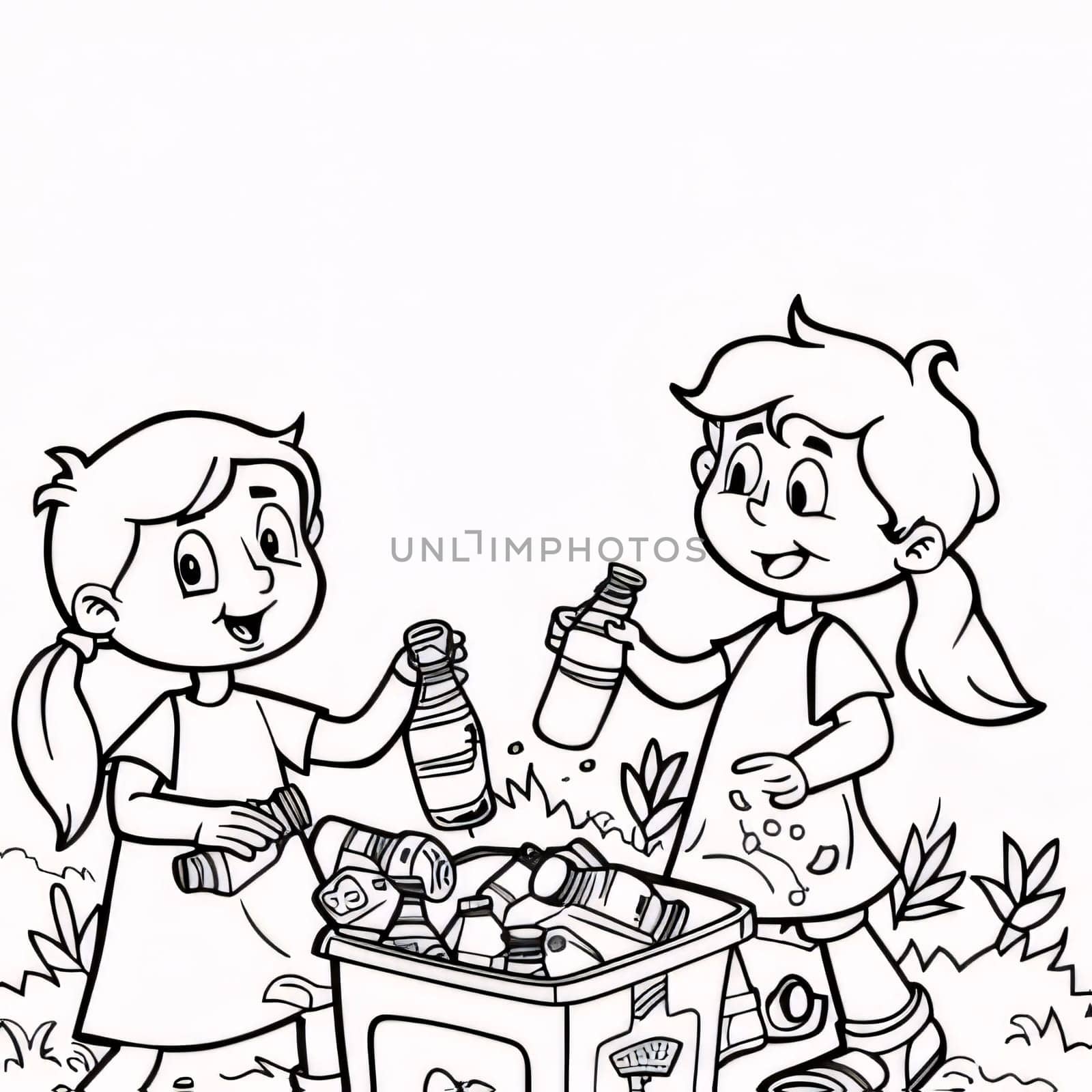 Earth Day: Girl and boy sorting plastic waste in the trash can. Vector illustration.