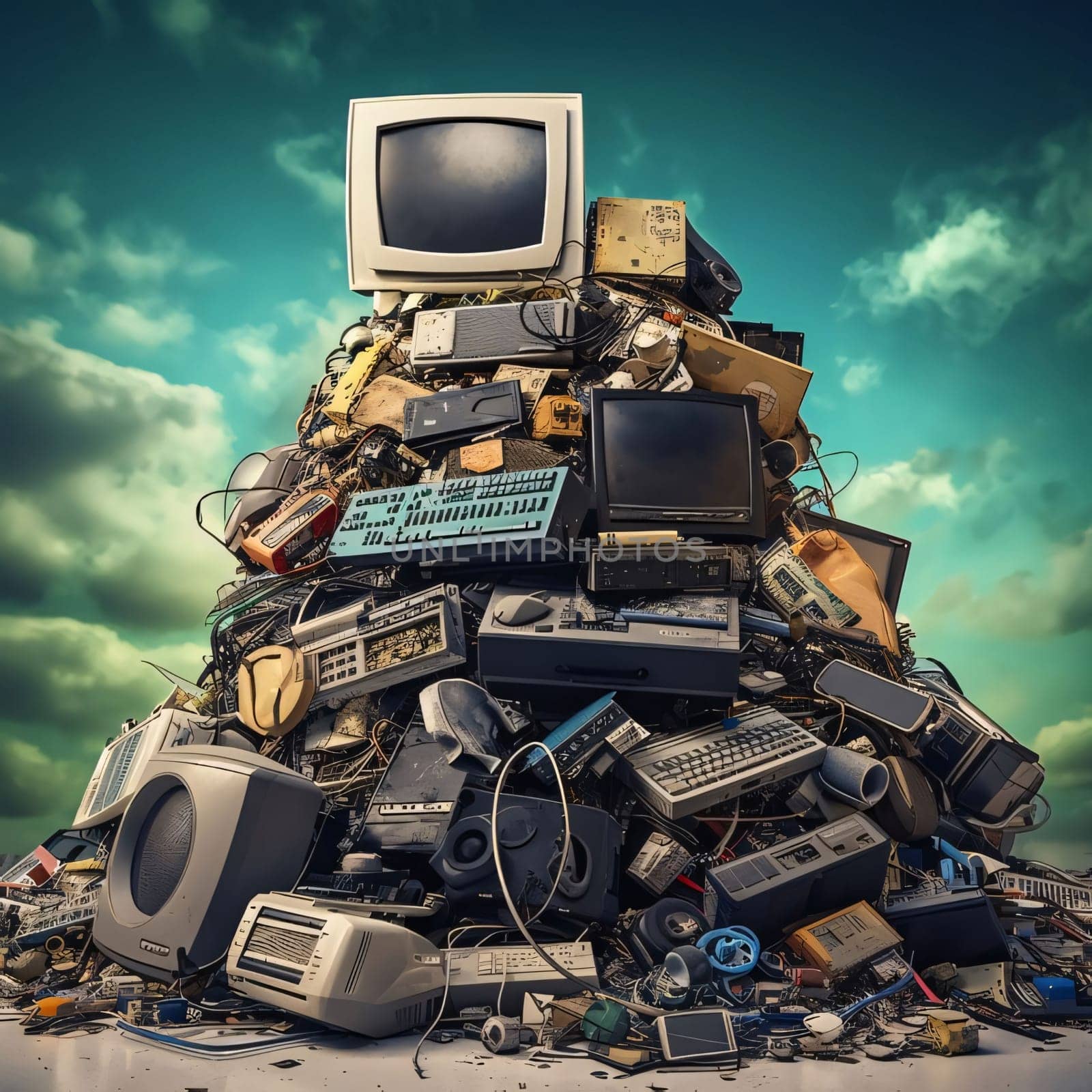 Pile of old television and other electronic devices on a sky background by ThemesS