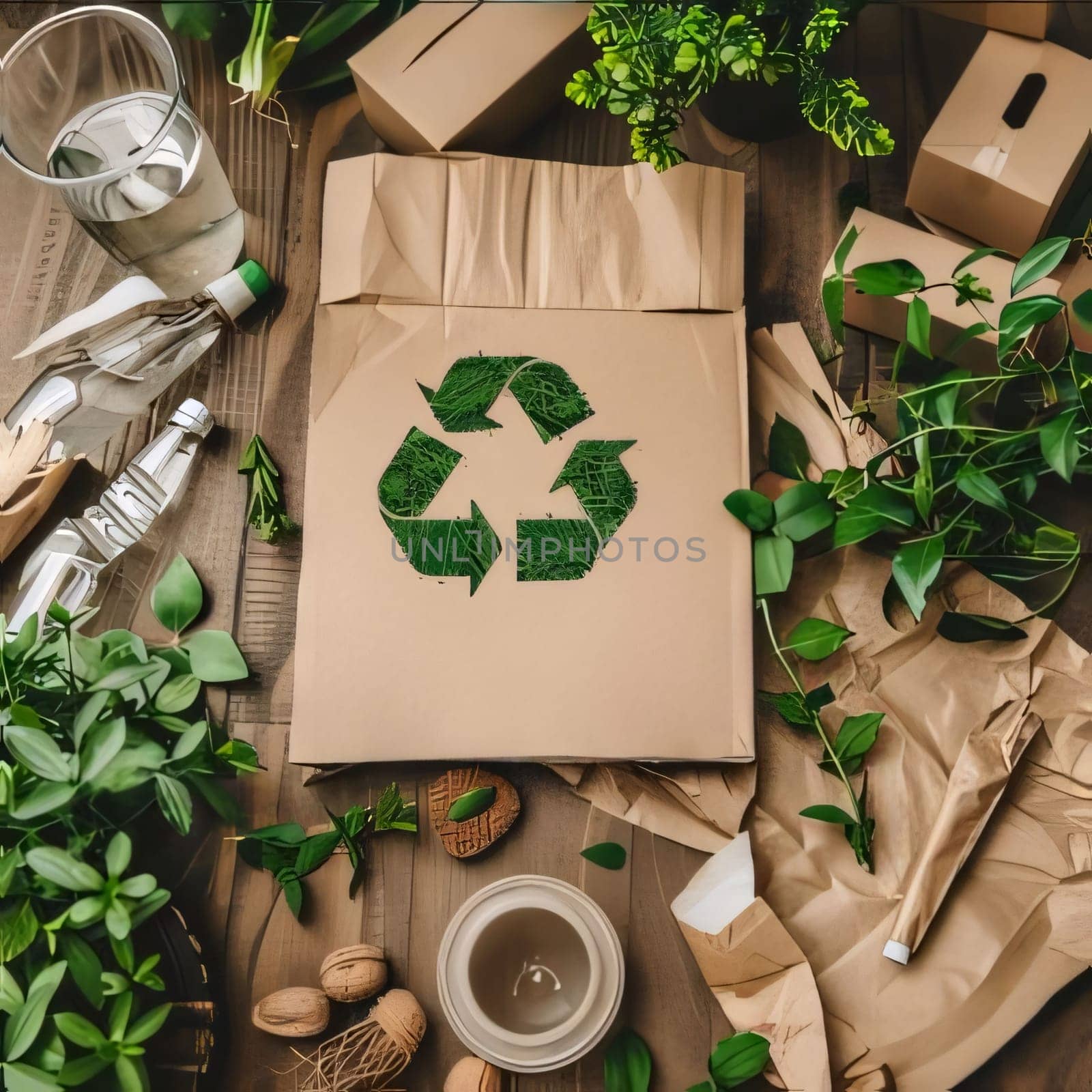 Earth Day: Recycling concept. Recycling symbol in paper bag on wooden background