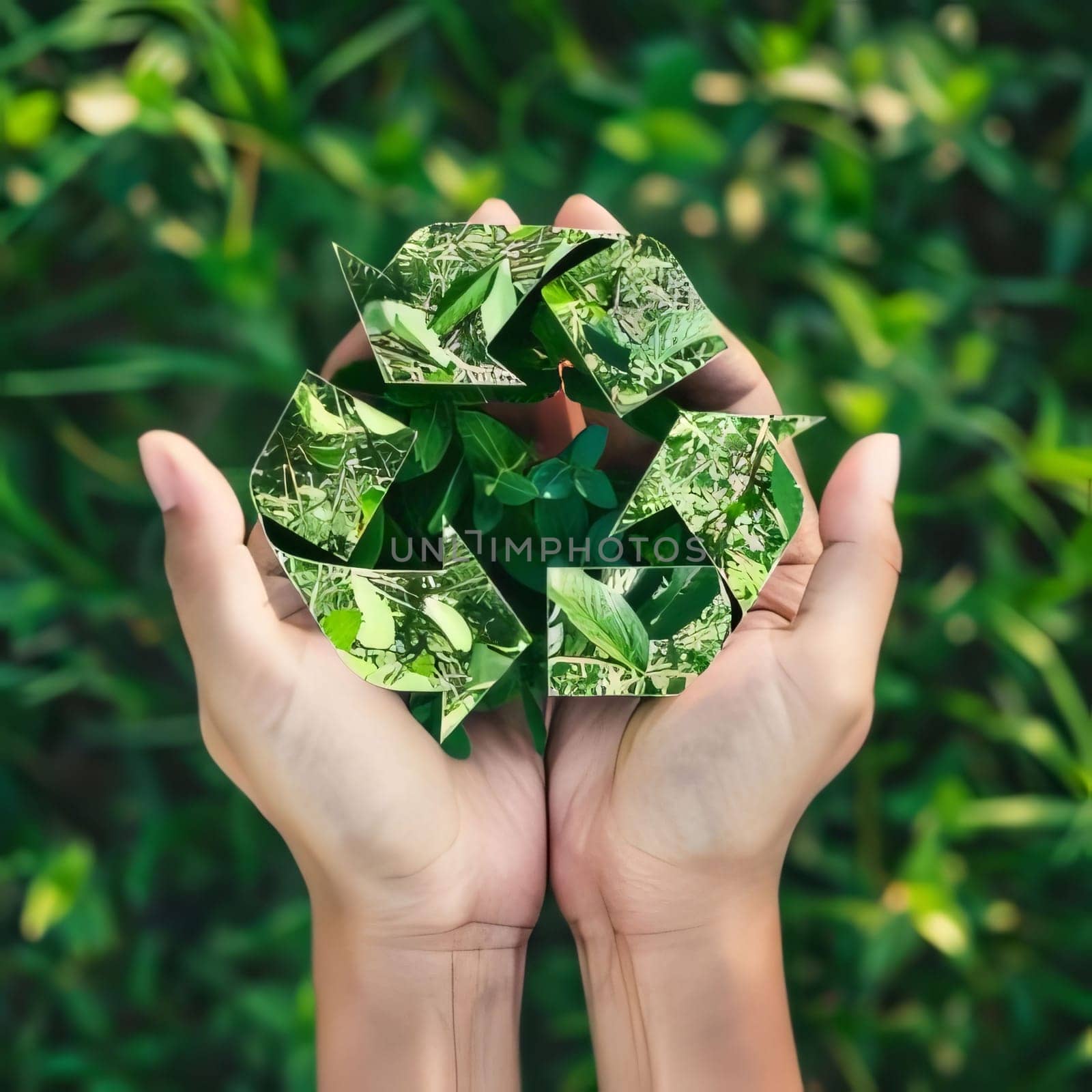 Earth Day: Hands holding origami paper tree on green grass background. Eco concept