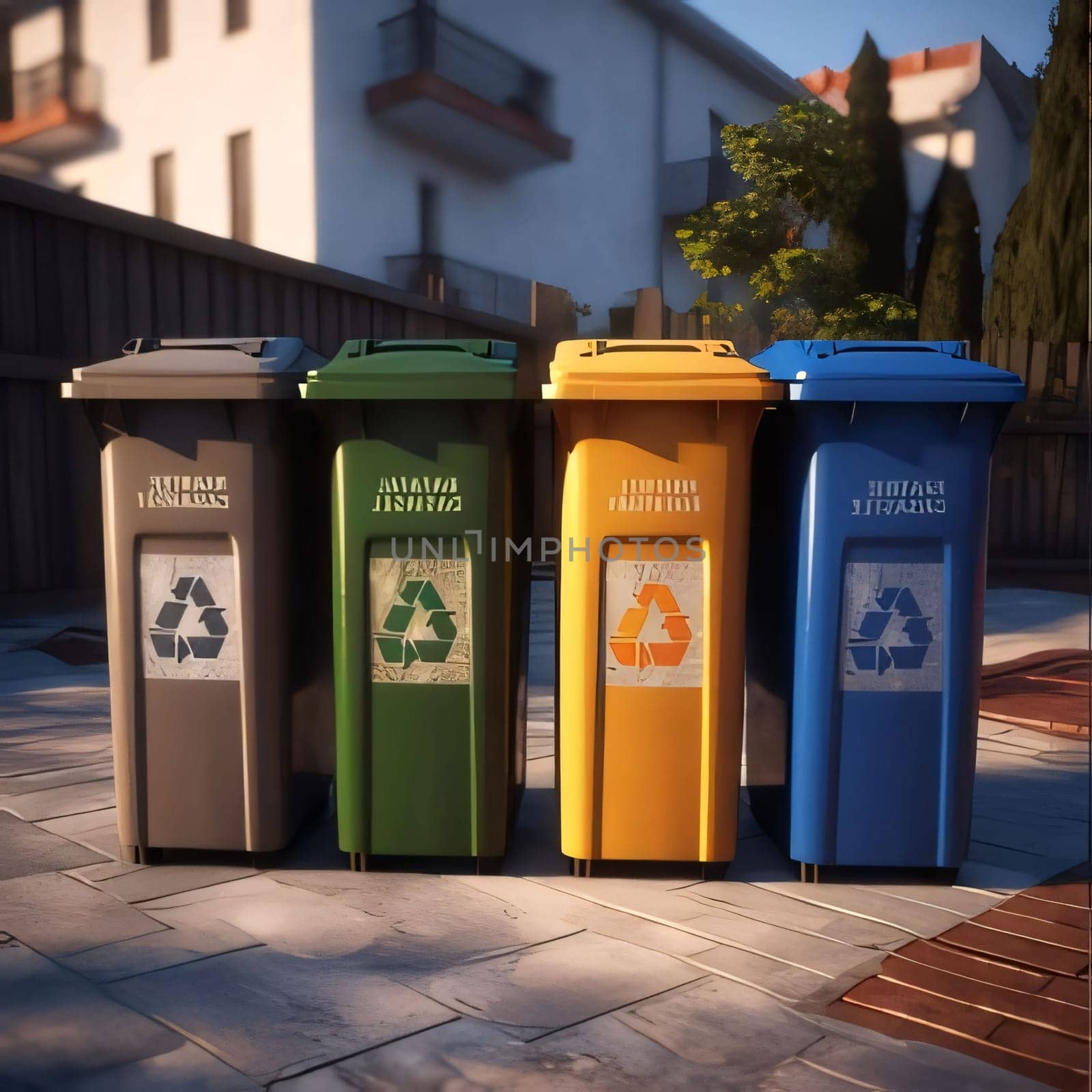 Earth Day: 3D rendering of a group of recycling bins in the city.