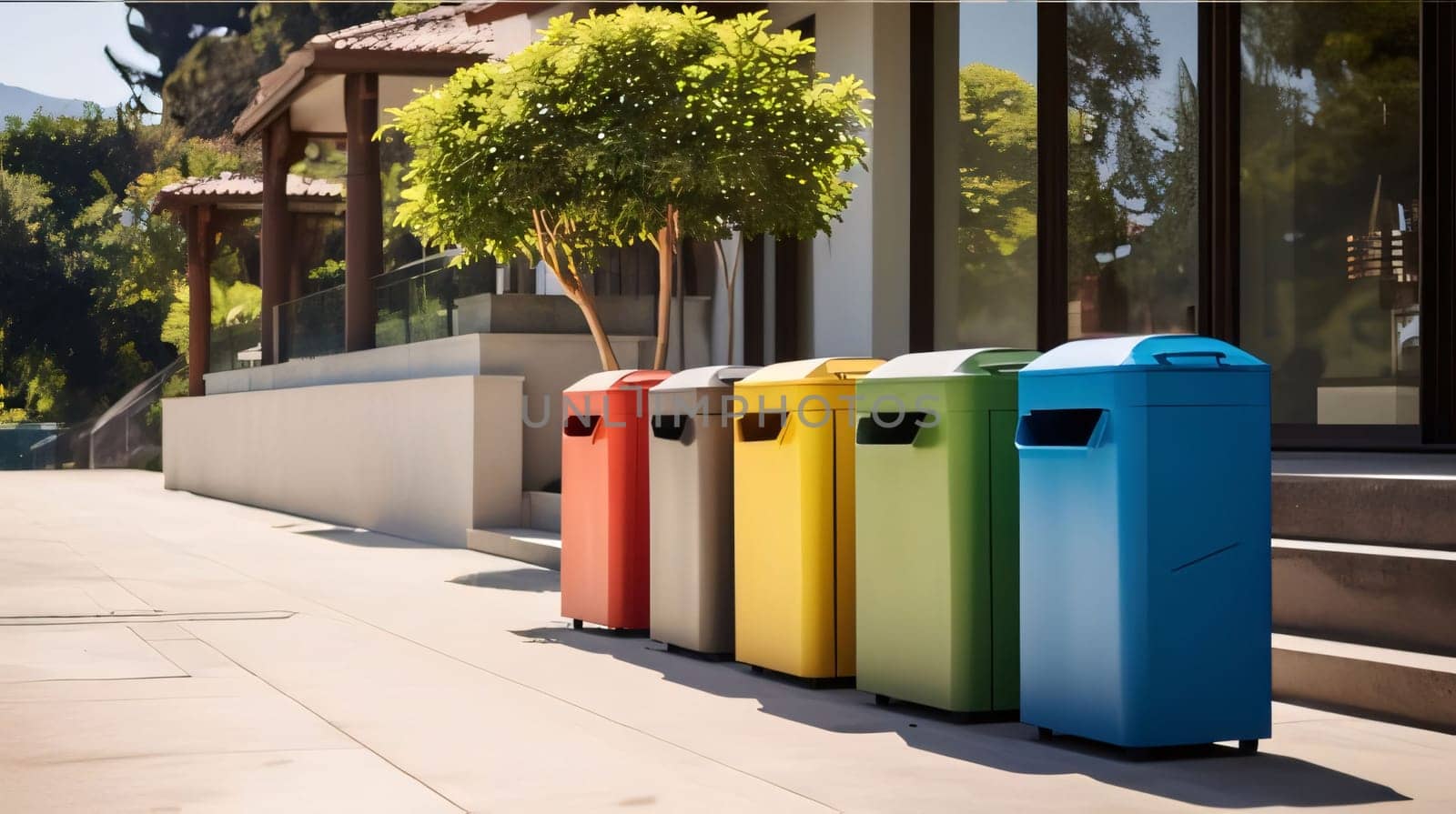 Colorful trash bins in front of a modern building with trees. by ThemesS