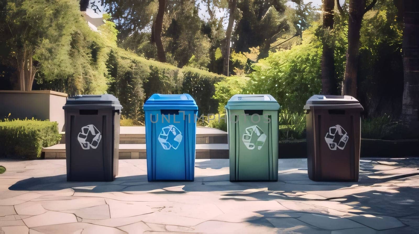 3D rendering of three recycle bins in a park at sunny day by ThemesS