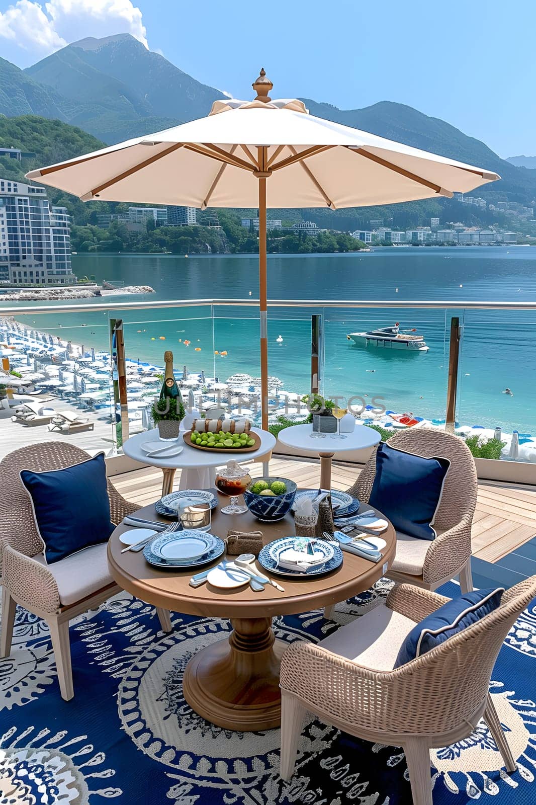 Outdoor furniture including a table and chairs with an umbrella providing shade on a balcony overlooking the azure waters of the ocean