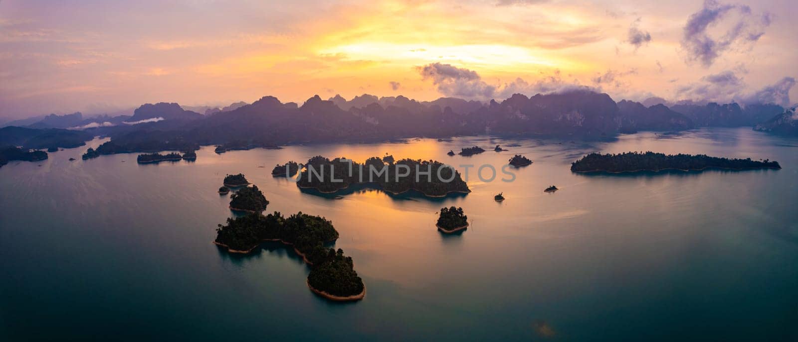 Aerial view of Khao Sok national park at sunrise, in Cheow lan lake, Surat Thani, Thailand, south east asia