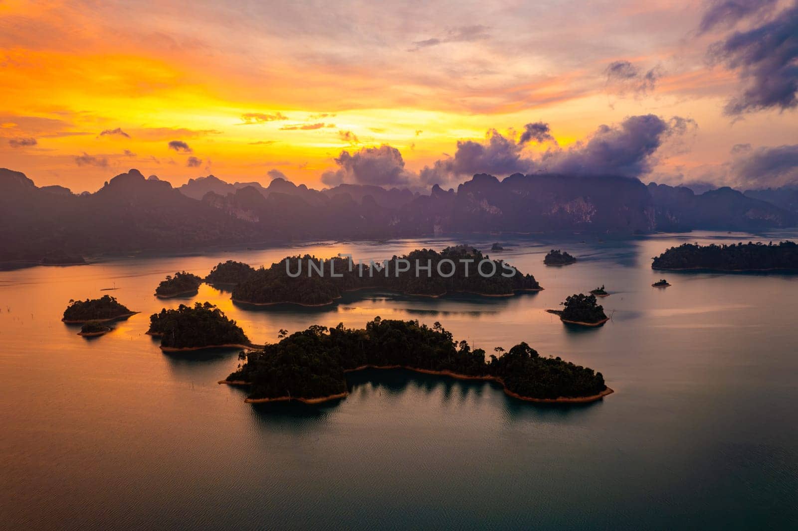 Aerial view of Khao Sok national park at sunrise, in Cheow lan lake, Surat Thani, Thailand, south east asia