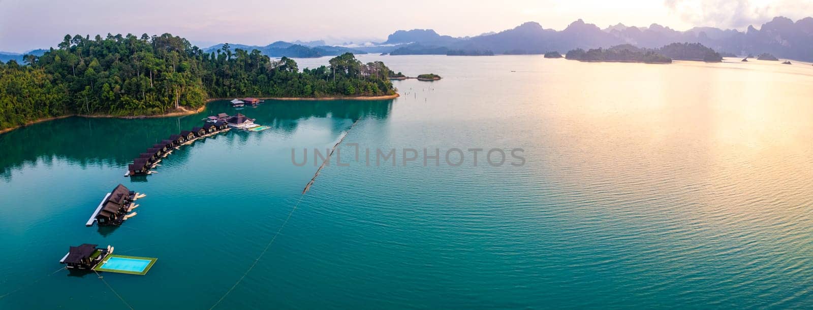 Aerial view of Khao Sok national park at sunrise, in Cheow lan lake, Surat Thani, Thailand, south east asia