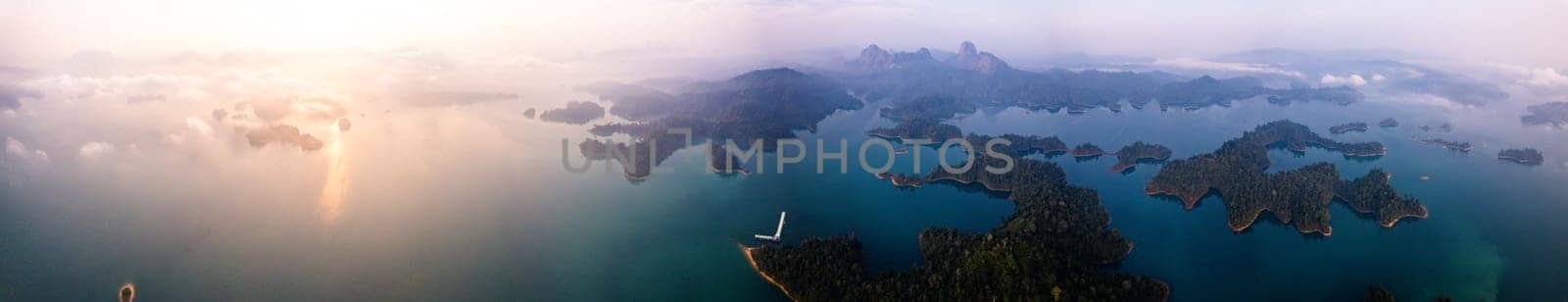 Aerial view of Khao Sok national park at sunrise, in Cheow lan lake, Surat Thani, Thailand, south east asia