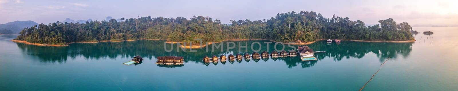 Aerial view of Khao Sok national park at sunrise, in Cheow lan lake, Surat Thani, Thailand, south east asia