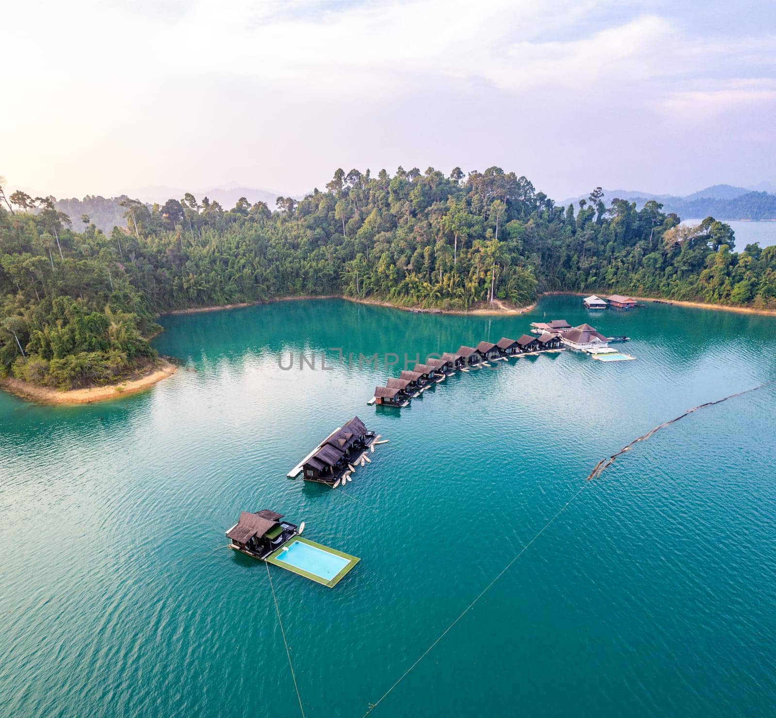 Aerial view of Khao Sok national park at sunrise, in Cheow lan lake, Surat Thani, Thailand, south east asia