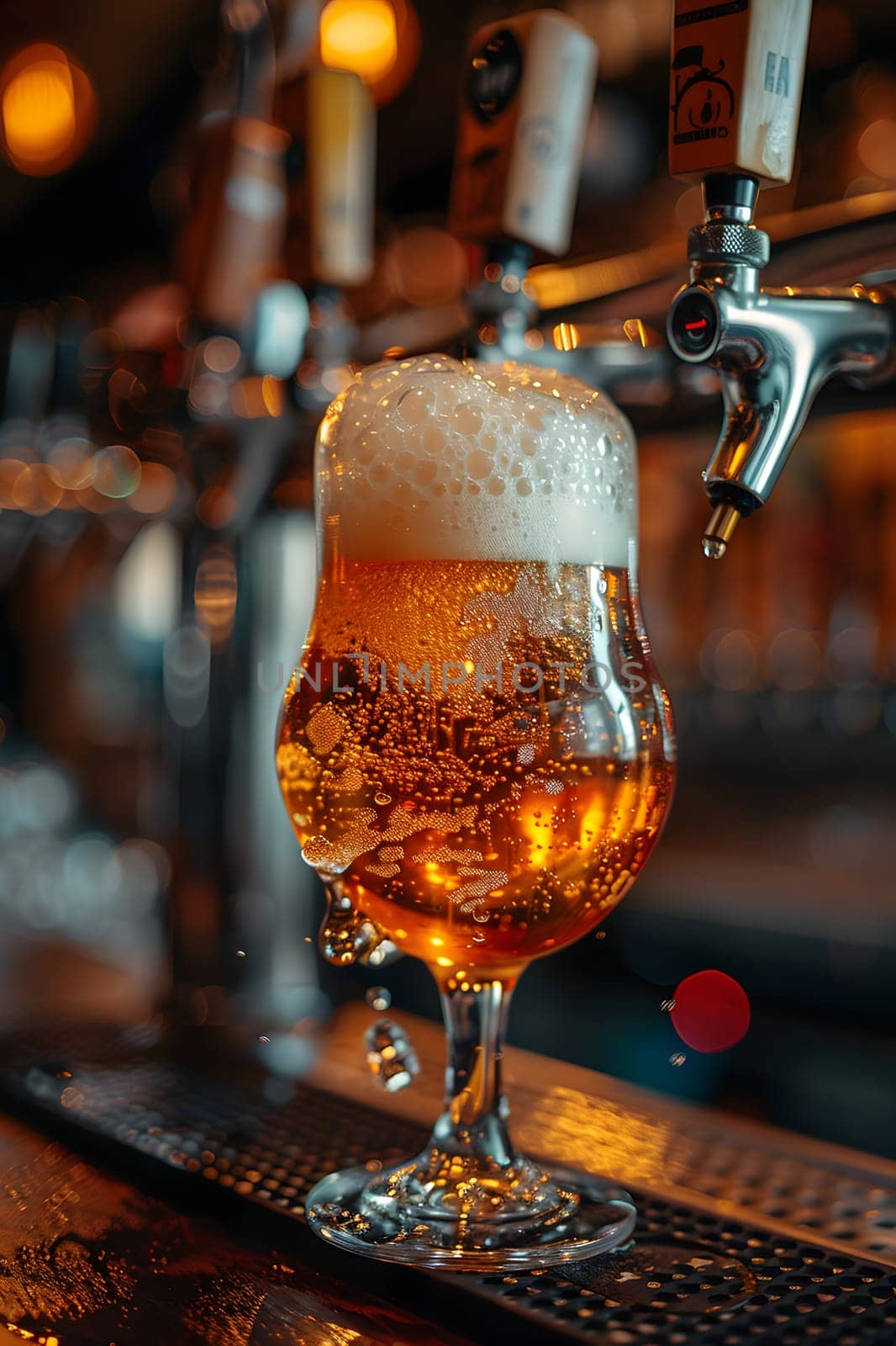 A glass of beer is being poured from a tap at a bar, filling up the beer glass with the refreshing liquid