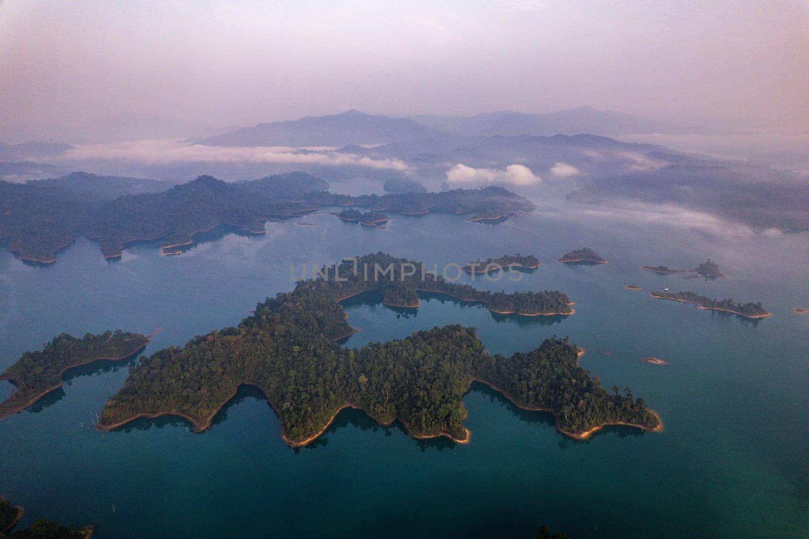 Aerial view of Khao Sok national park at sunrise, in Cheow lan lake, Surat Thani, Thailand, south east asia