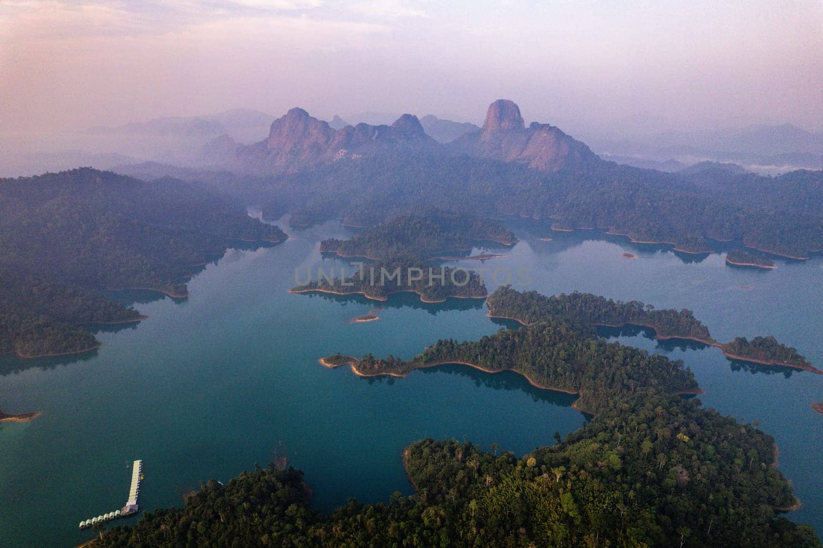 Aerial view of Khao Sok national park at sunrise, in Cheow lan lake, Surat Thani, Thailand, south east asia