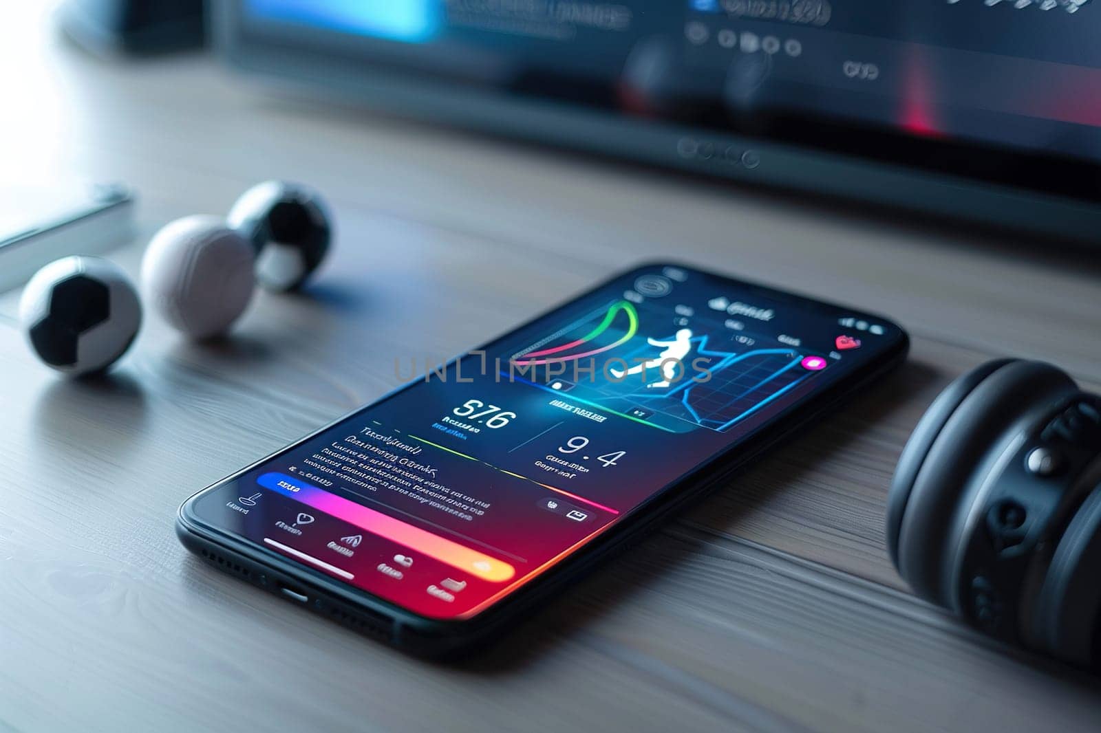 A smartphone with a fitness application on the screen lies on the table.