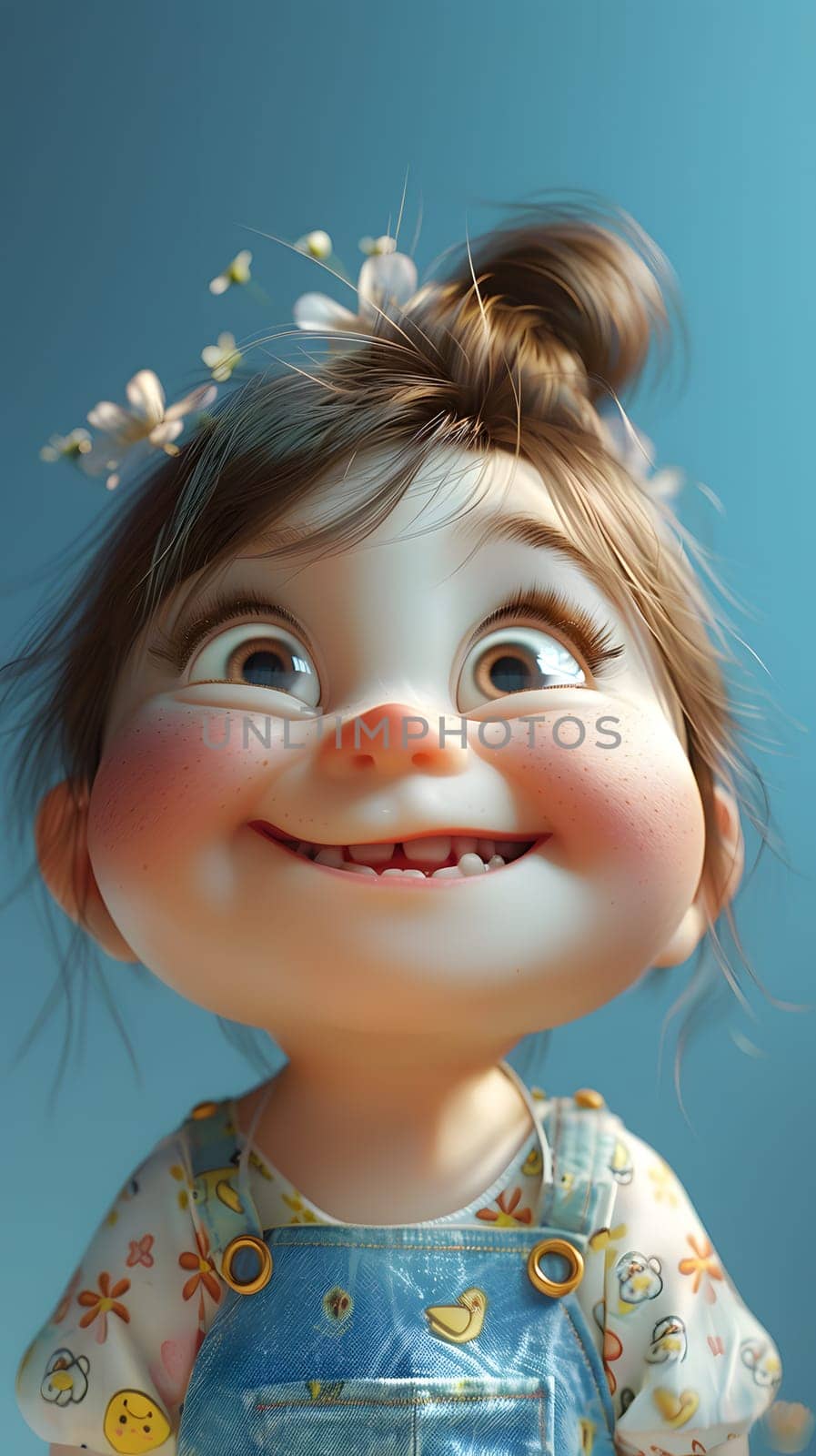The toddler is happily smiling with flowers in her hair, wearing overalls. Her cheeks are rosy, and her eyes are sparkling with joy