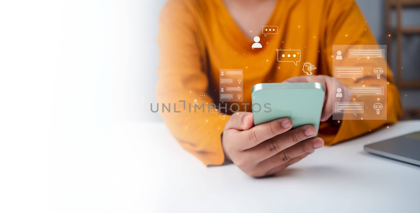 Woman hand use show a smartphone to type live chat, ask, answer with an artificial intelligence system. chatbot. Ai assistant.