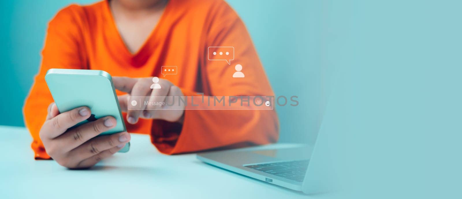 Woman hand using smartphone typing live chat chatting on application communication digital web and social network concept. Social media application chat box.