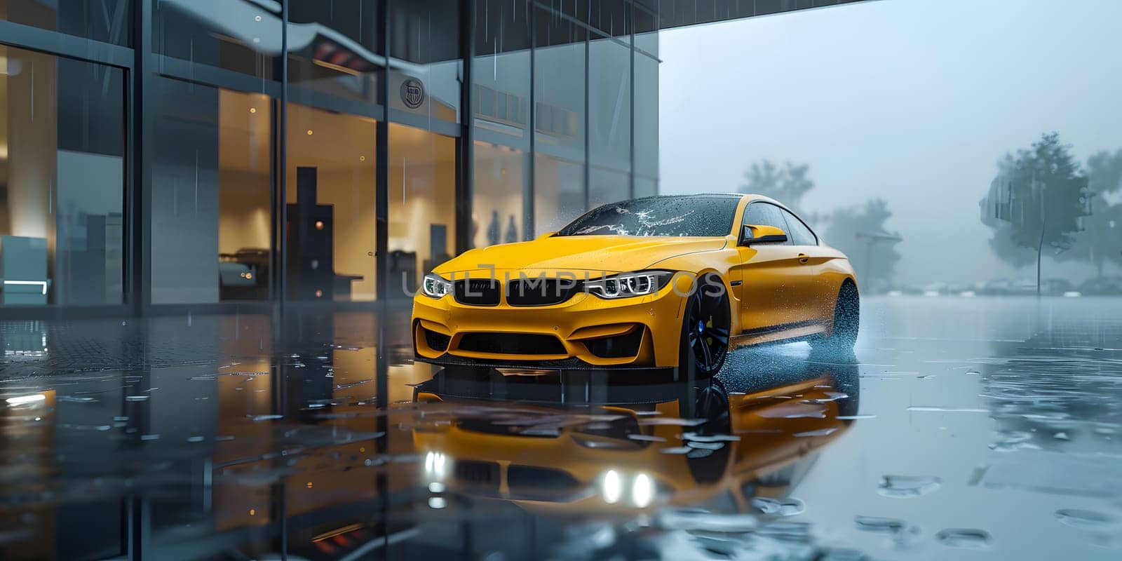 A bright yellow BMW M4 sits in the rain, parked in front of a building. Its sleek wheels and tires glisten with water, showcasing the cars impressive grille and headlamps