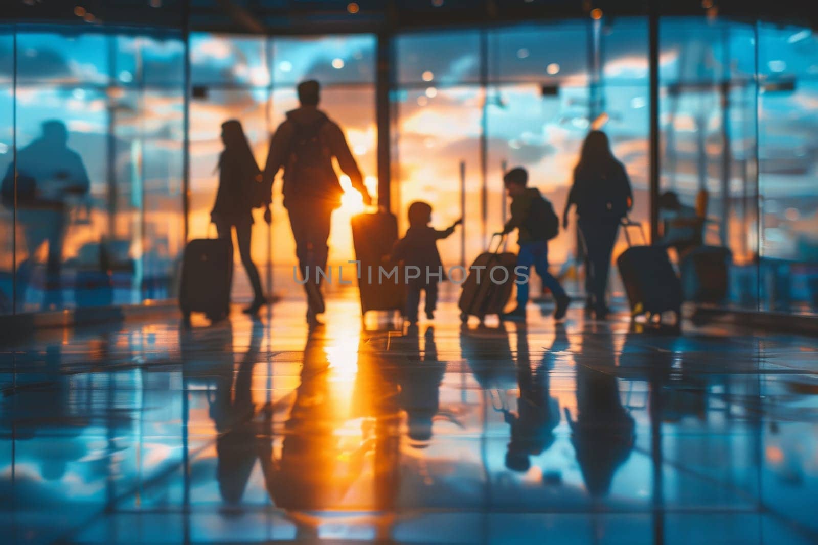 A family of four is walking through an airport with their luggage by itchaznong