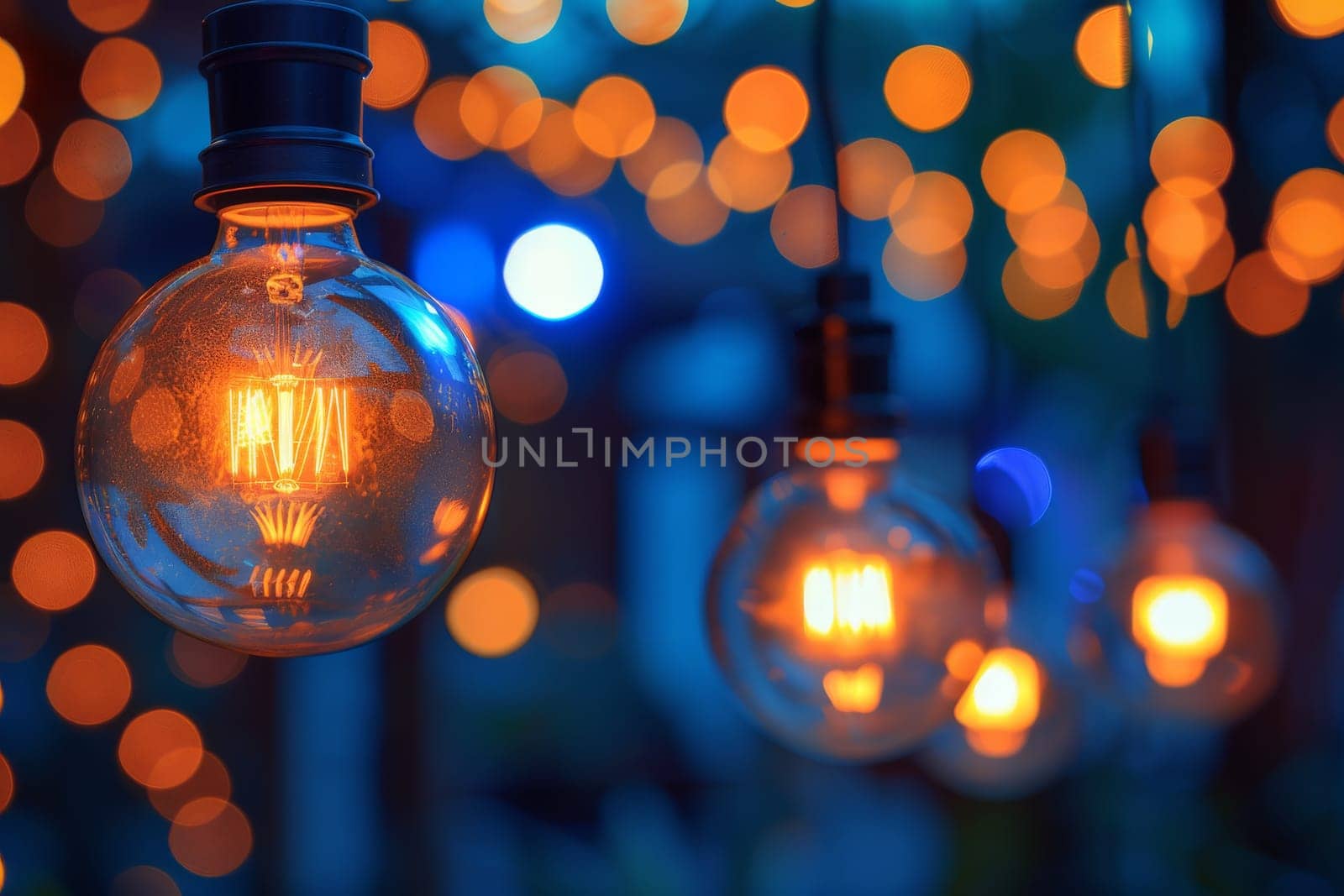 A group of light bulbs are hanging from the ceiling, with some of them being orange and others being blue. The scene has a warm and cozy atmosphere, with the lights casting a soft glow