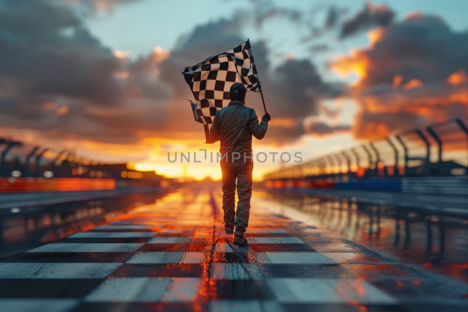 A man holding a checkered flag in a race track by itchaznong