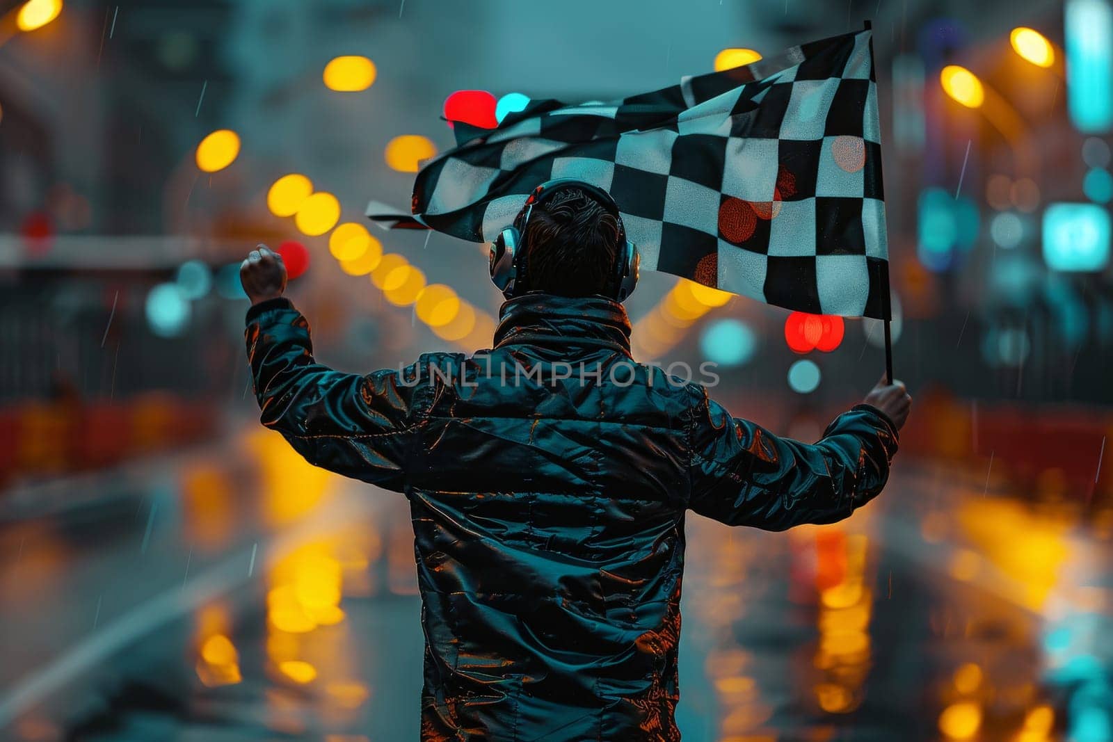 A man holding a checkered flag in a race track. The image has a mood of excitement and anticipation