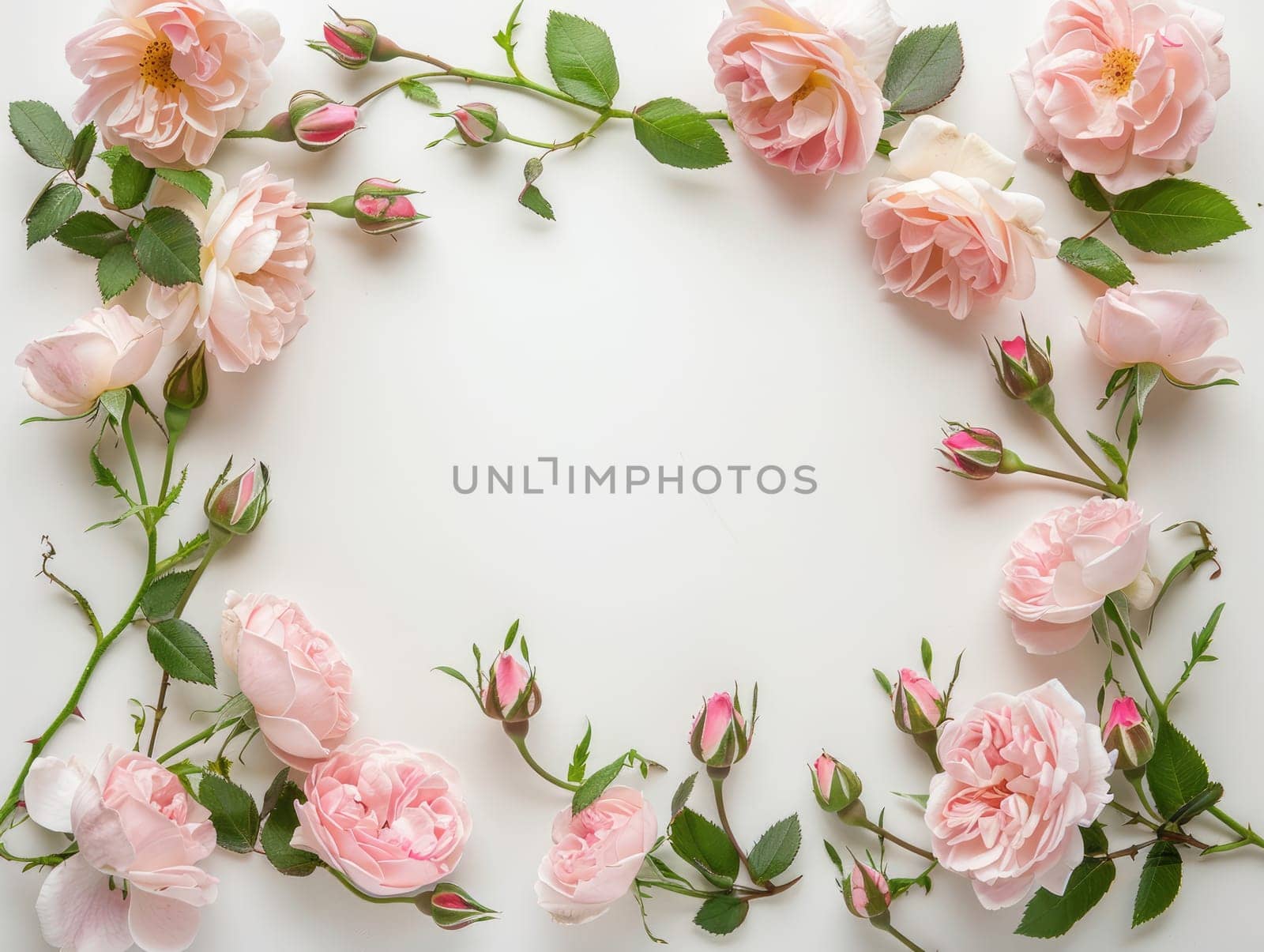 Pale pink roses and petals arranged in circular frame on white background, romantic floral design with copy space, top view. Ai generation. High quality