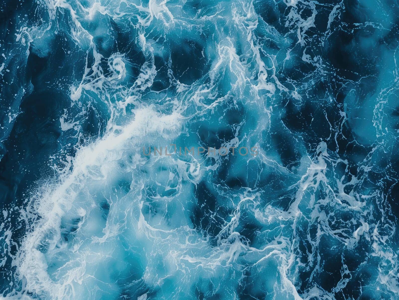 Top view of ocean waves churning with foam, creating intricate patterns of white and deep blue, dynamic water texture. Marine background. Ai generation. High quality photo