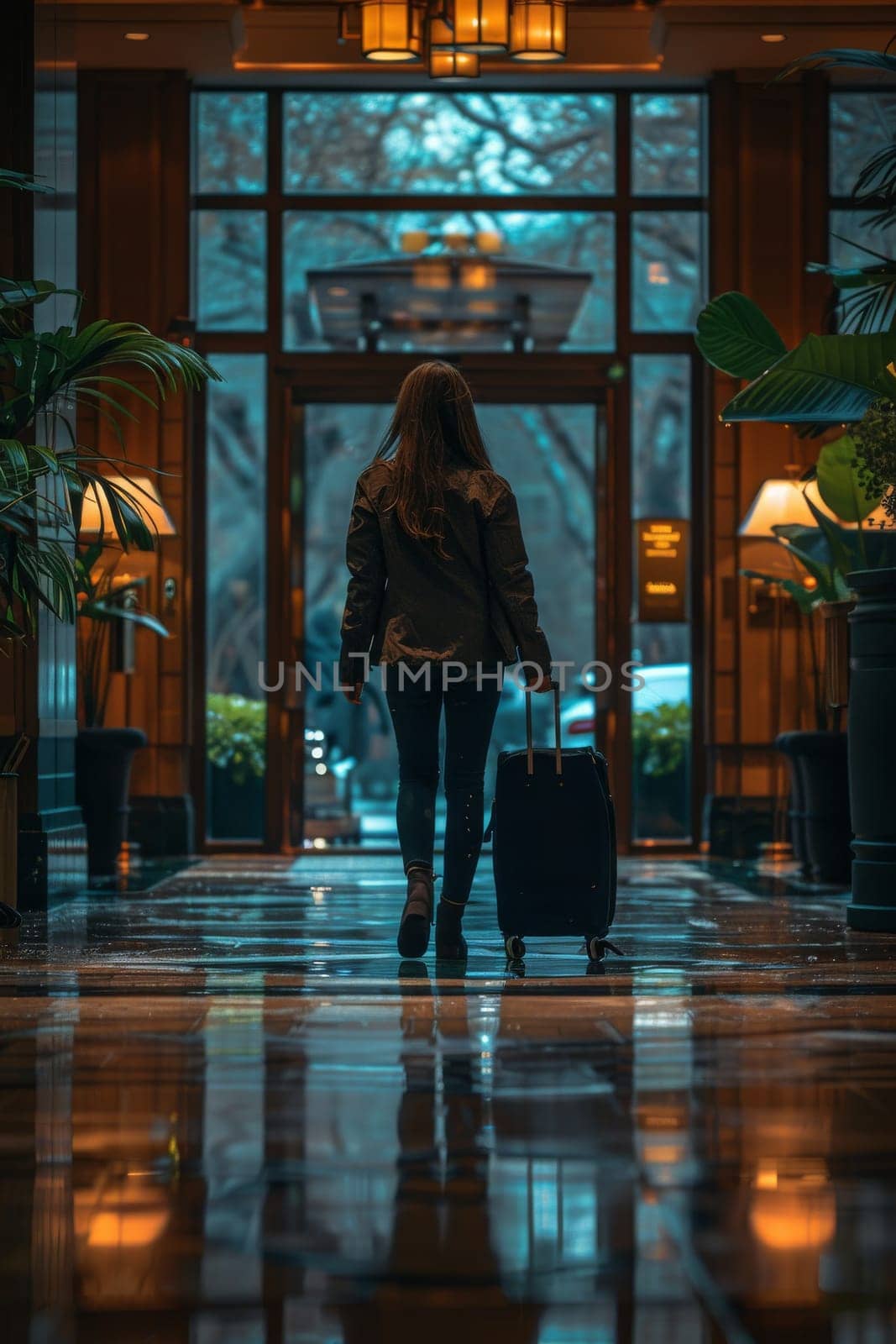 A woman is walking down a hallway with a suitcase, travel and tourism concept by itchaznong