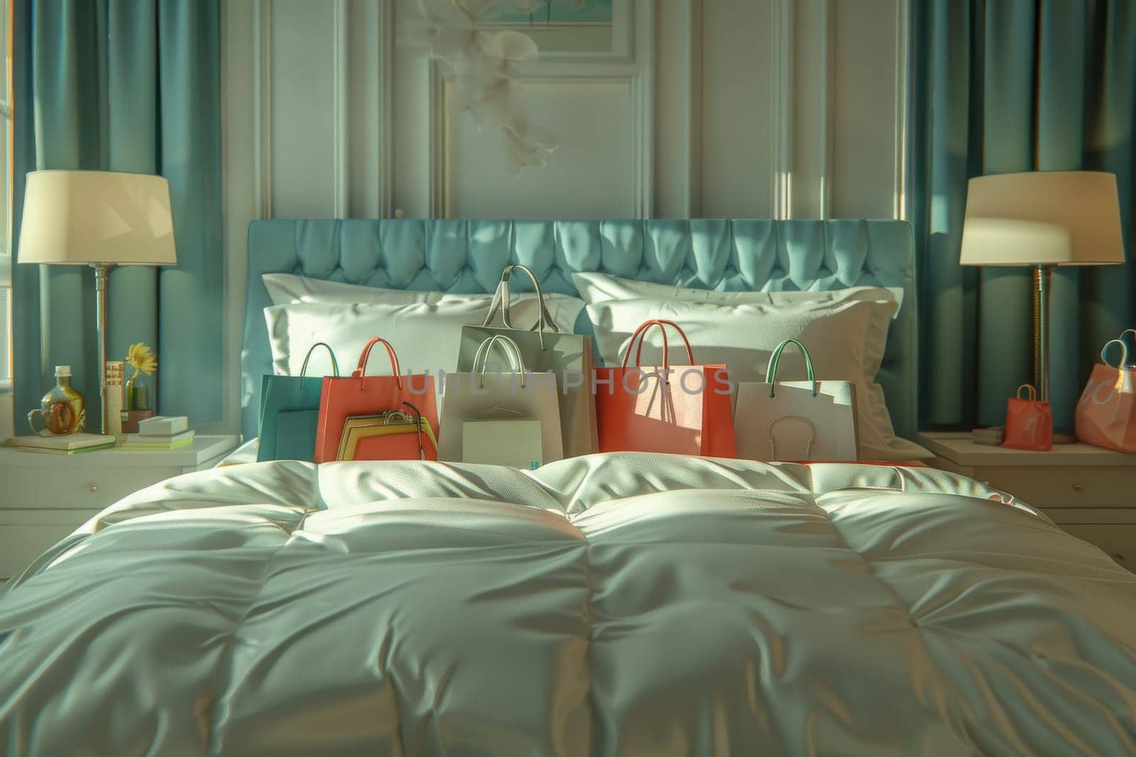 Many Shopping bag on hotel bed. shopping concept by itchaznong