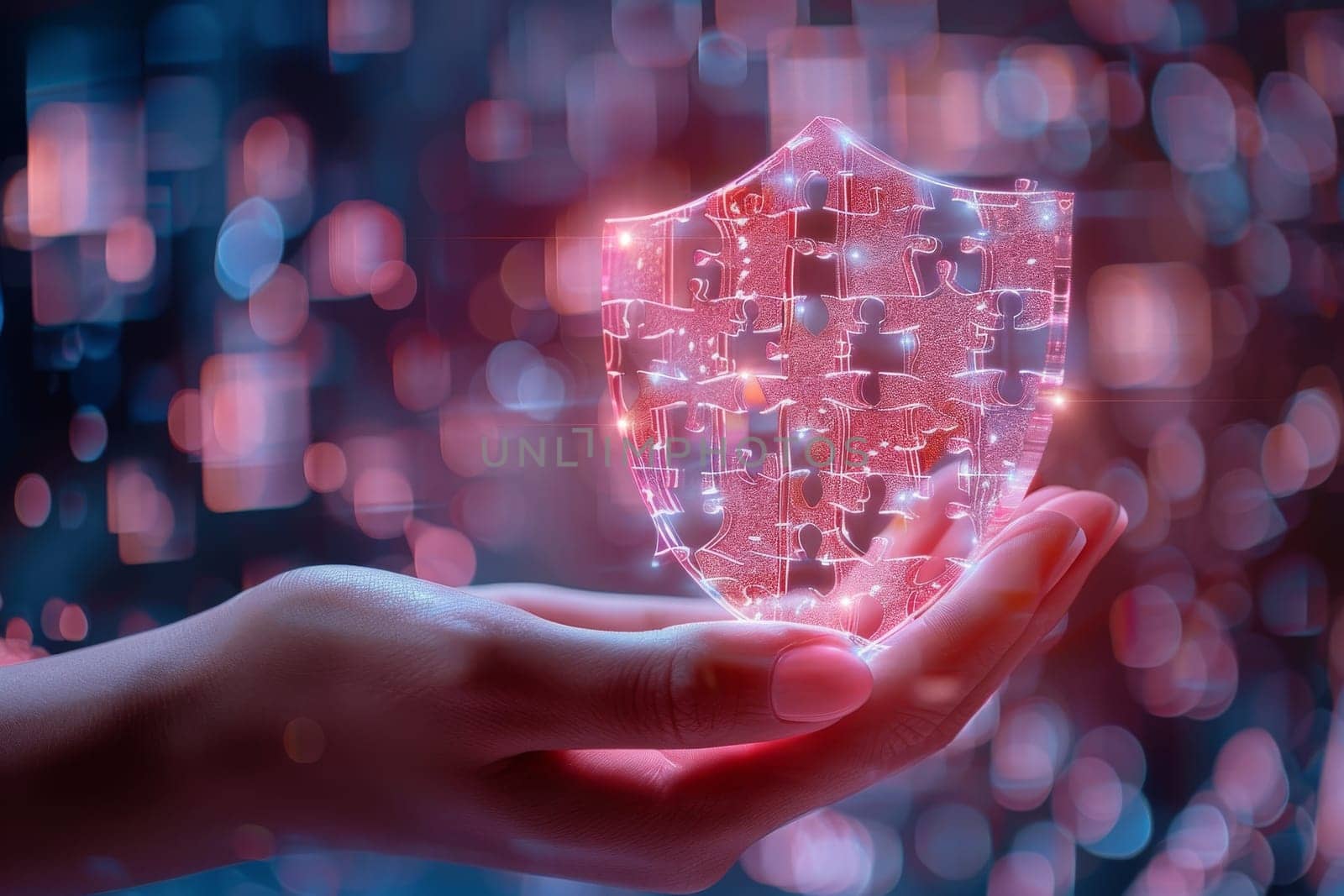 Cybersecurity concept. A hand holding a shield with a glowing design. by itchaznong