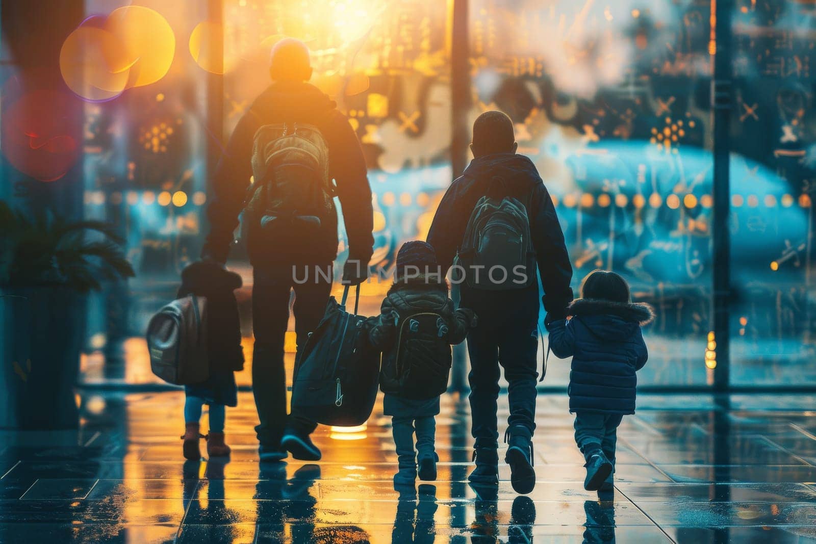 A family of four is walking through an airport with their luggage by itchaznong