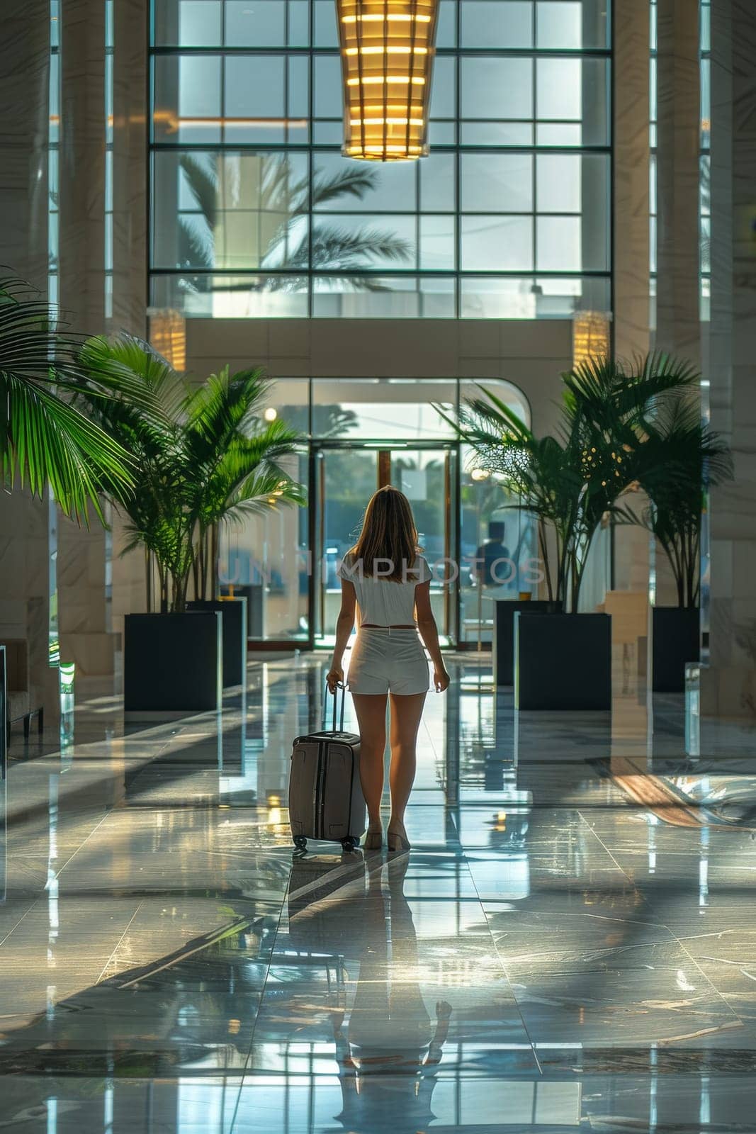 A woman is walking down a hallway with a suitcase. The hallway is very bright and has a lot of windows