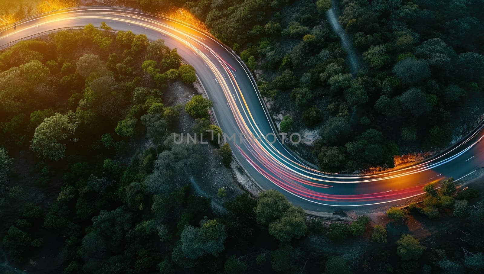 Aerial view of winding road with light trails in forest at sunset