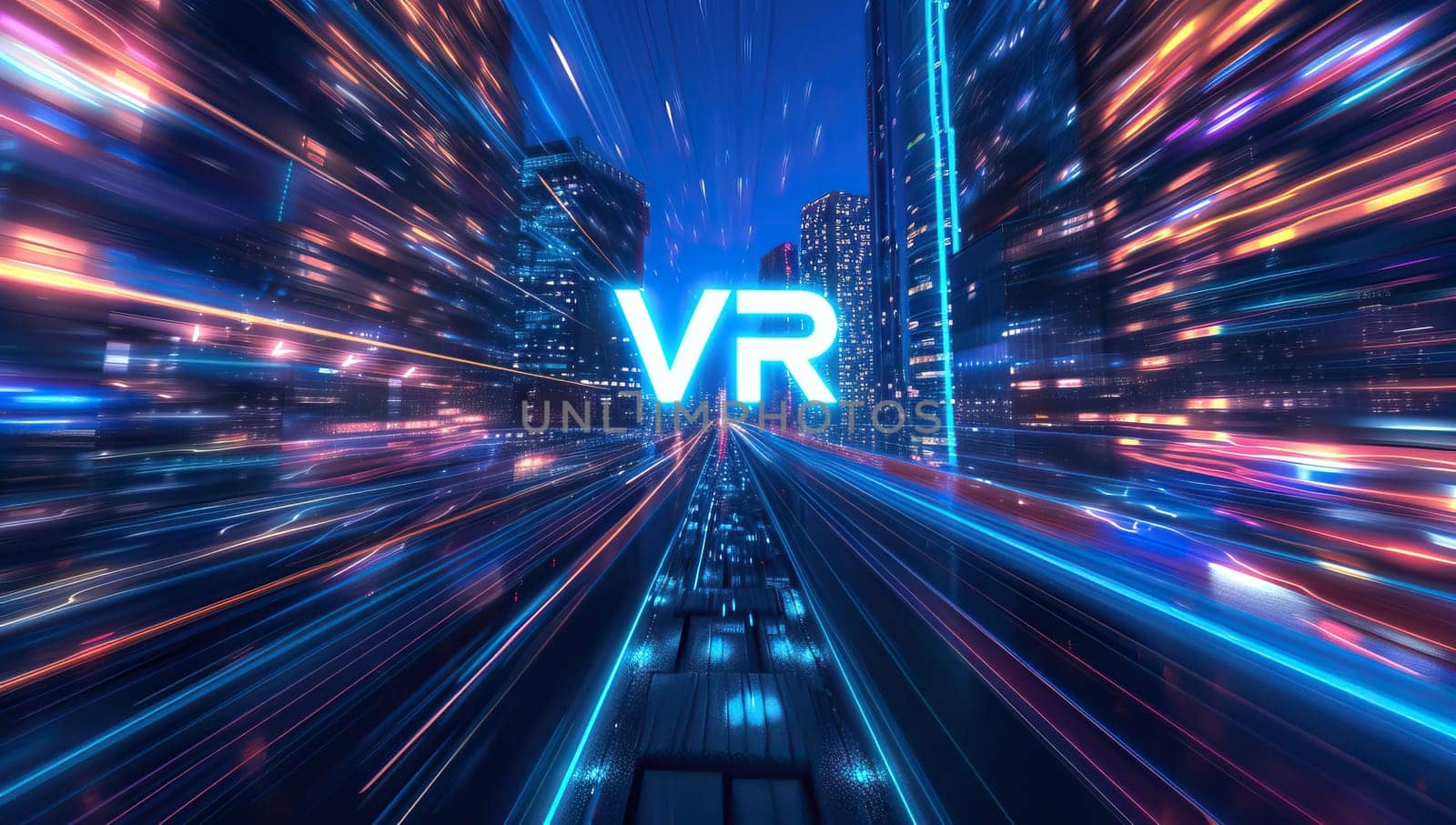 Virtual reality digital data technology in futuristic cityscape. vr digital data technology concept. by ailike